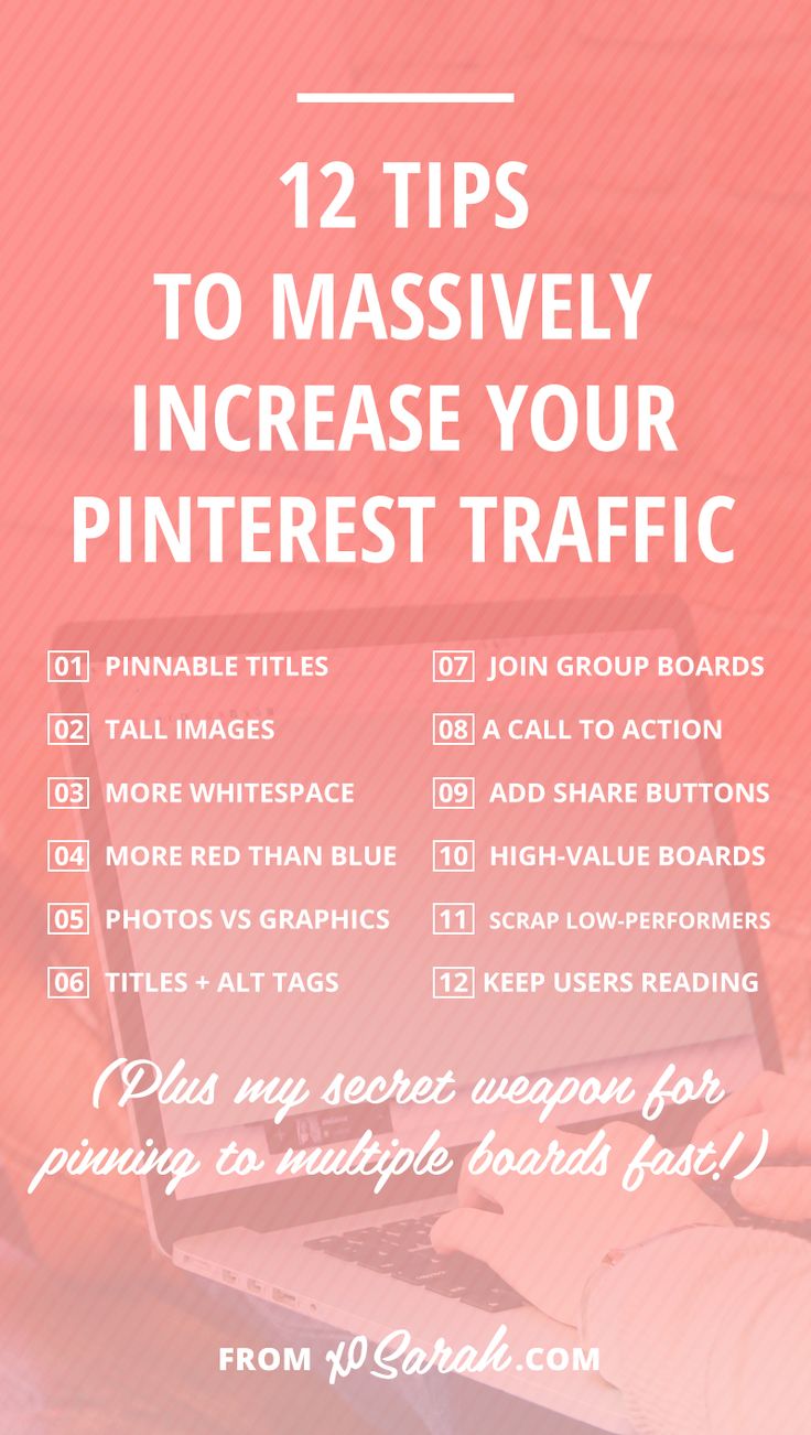 a pink background with the text 12 tips to massively increase your pinterest traffic