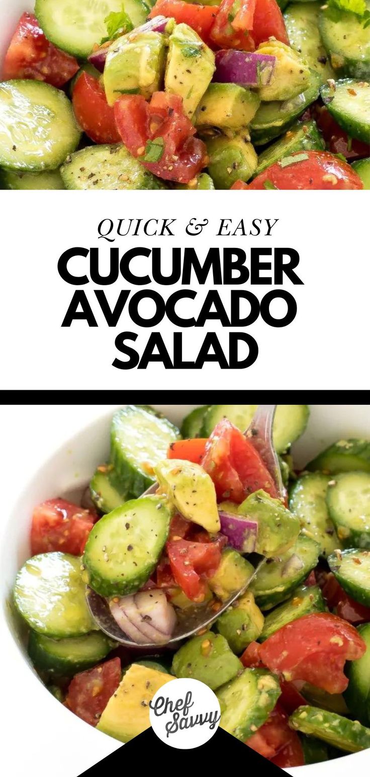 cucumber avocado salad is shown in two different bowls with the words quick and easy