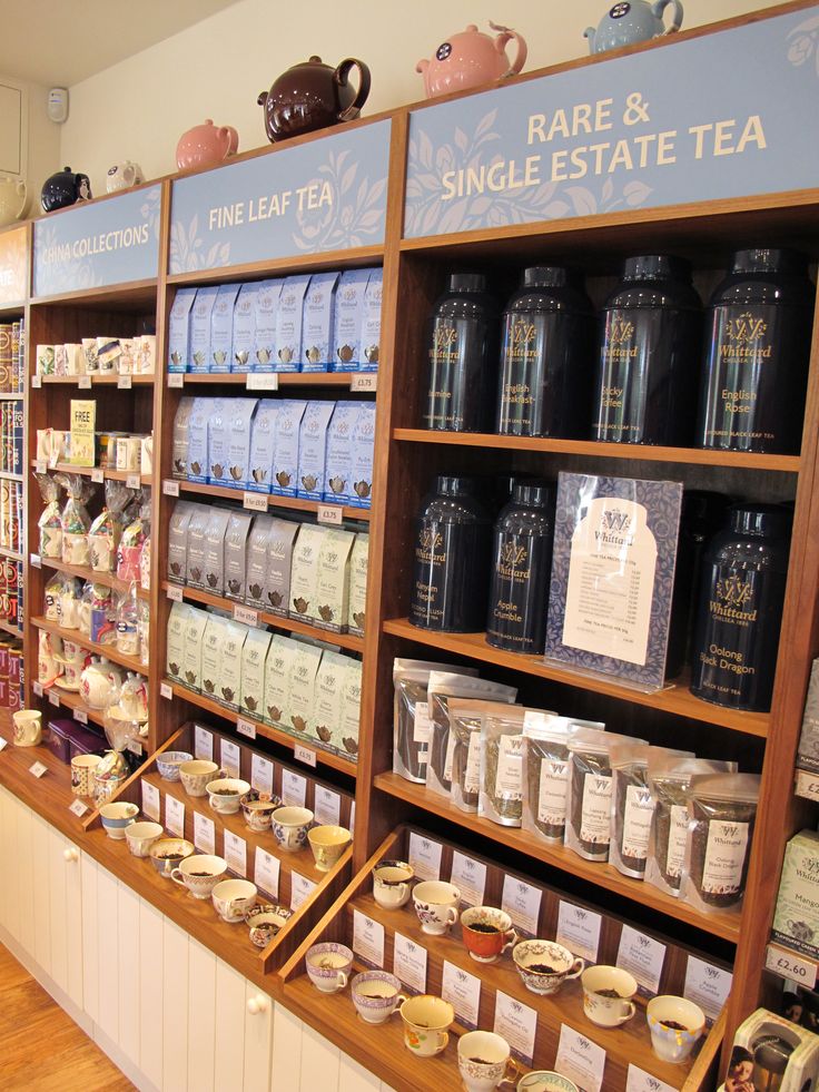 the shelves are filled with teas and other items