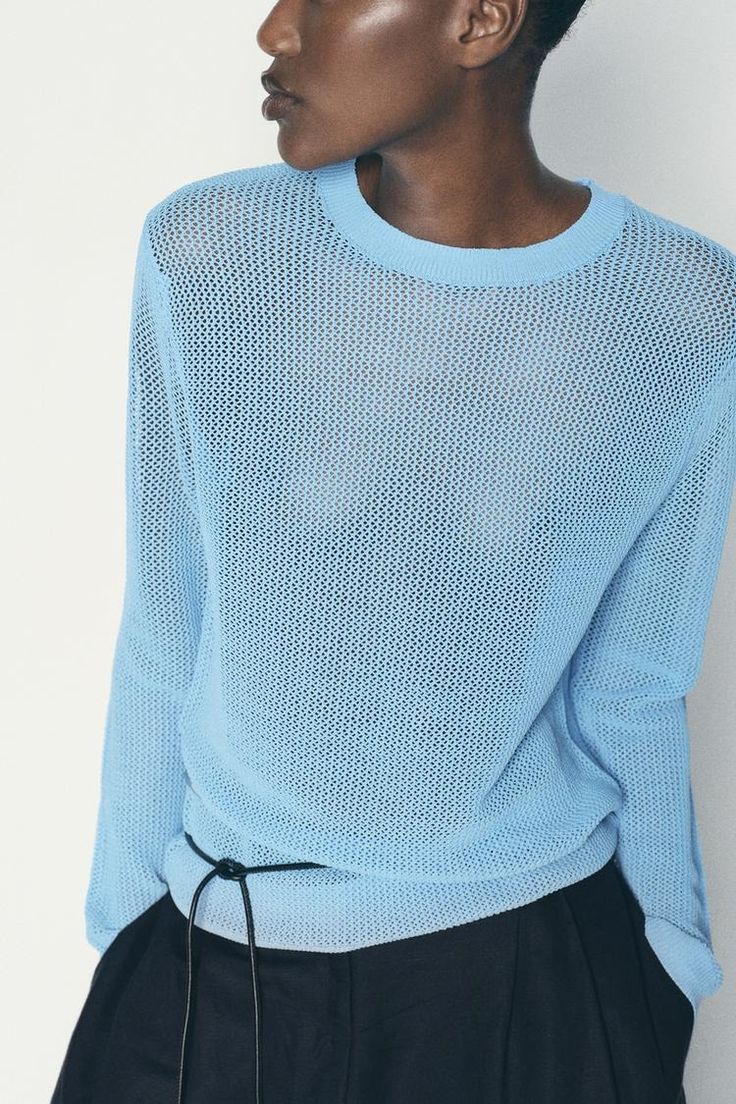 MESH KNIT SWEATER - Blue | ZARA United States Chic Textured Knit Long Sleeve Top, Fine Knit Long Sleeve Top For Spring, Chic Long Sleeve Textured Knit Top, Chic Fine Knit Long Sleeve Top For Spring, Chic Long Sleeve Pointelle Knit Top, Stretch Fine Knit Sweater For Layering, Blue Workwear Sweater, Light Blue Pointelle Knit Sweater For Winter, Chic Blue Pointelle Knit Sweater