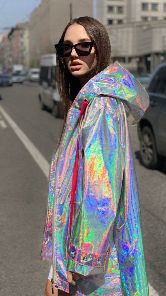 Festival holographic raincoat / Futuristic UNISEX vinyl jacket / Rainbow glitter trench coat Holographic Raincoat, Holographic Jacket, Holographic Fashion, Waterproof Trench Coat, Leopard Jacket, Cyberpunk Fashion, Festival Looks, Girls Jacket, Biker Jacket