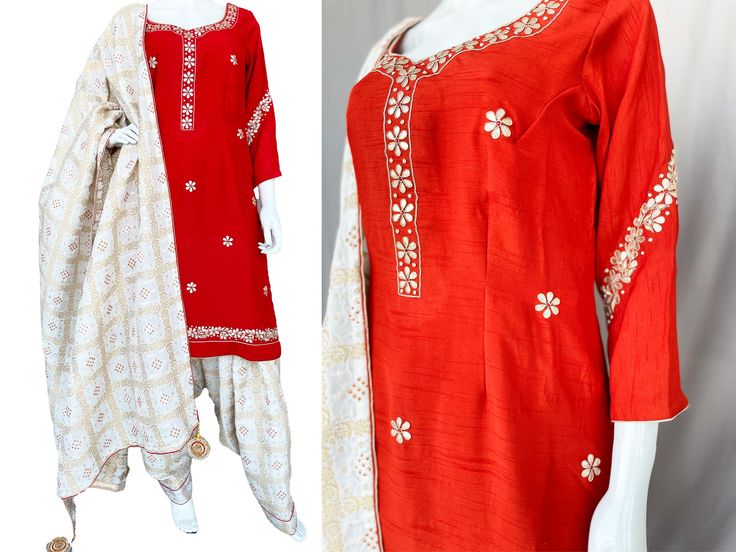 Red White Gotta Patti work Pure Silk Patiala Salwar Suit.  Pure Dola Silk Kurta with Hand Gotta Patti work. White Pure Dola Silk Embroidered Salwar (Bottom)  White Pure Dola Silk Embroidered Dupatta with Fancy Tassels. Piping all over Fabric: Kurta- Pure Dola Silk Salwar-  Pure Dola Silk Dupatta- Pure Dola Silk Lining- Shantoon Washcare- Dry Clean Recommended Perfect for wedding wear, Pooja, Navratri, Indian Ceremony, Engagement Ceremony, Diwali and Gift, Birthday parties, etc. The following customization is available 1. We can provide you with 5-meter Full Patiala Salwar, Semi Patiala Salwar, and Simple Salwar. 2. We can provide any size. 3. We can provide unstitched Suits as well. (only on request) 4. We can make Palazzo or Sharara or Pant also with the same color or combination color wi Red Semi-stitched Unstitched Suit With Gota Work, Red Semi-stitched Suit With Gota Work, Traditional Red Unstitched Suit With Gota Work, Red Unstitched Suit With Gota Work For Diwali, Fitted Red Churidar With Gota Work, Semi-stitched Red Palazzo Set For Puja, Red Semi-stitched Palazzo Set For Puja, Fitted Red Palazzo Set With Gota Work, Red Fitted Palazzo Set With Gota Work