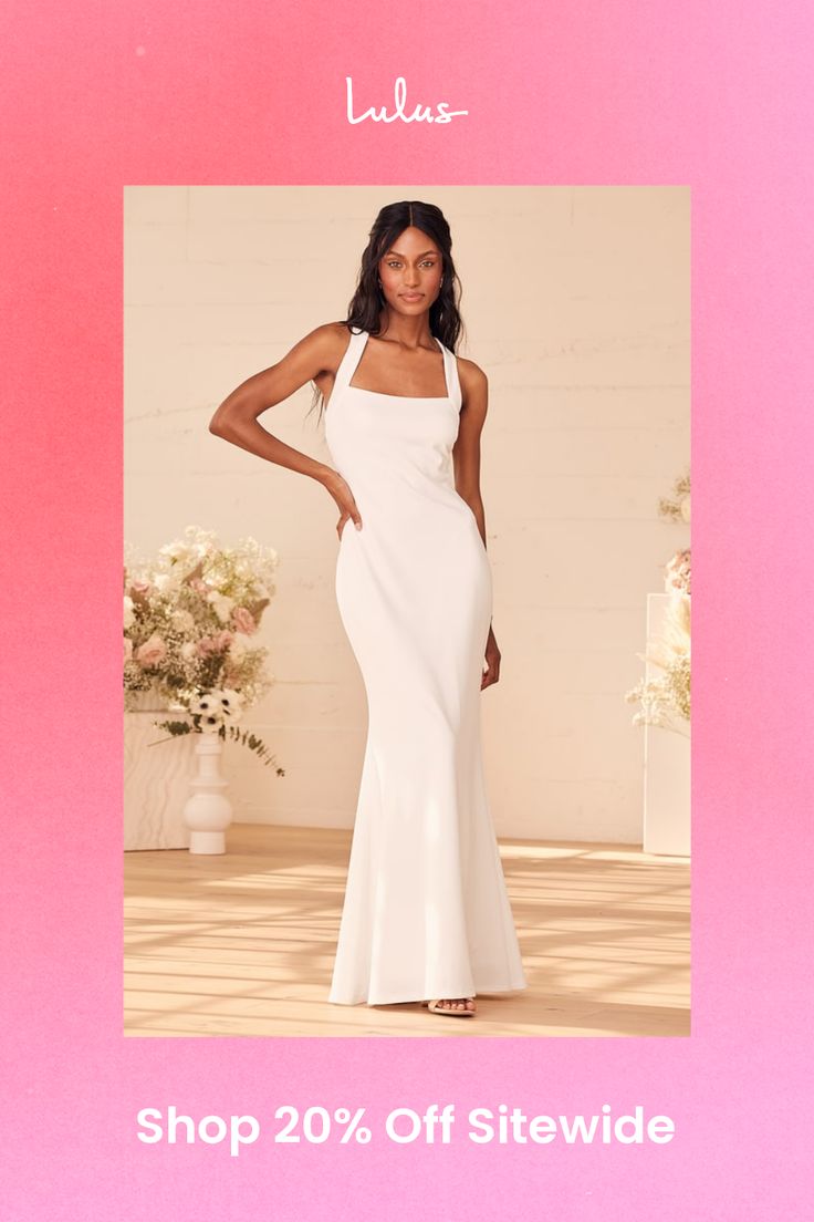 When it comes to matters of the heart, the Lulus Pure Romance White Square Neck Mermaid Maxi Dress has the purest intentions! This medium-weight crepe knit dress is sure to wow with its square neckline, darted bodice, and tank straps that crisscross at back. Figure-flattering mermaid silhouette flaunts your every curve before falling to a flared maxi hem. Hidden back zipper/clasp. Fit: This garment fits true to size. Length: Floor length. Size small measures 59" from shoulder to hem. Bust: Works Elastane Stretch Wedding Dresses, Stretch Elastane Wedding Dress, Fitted Mermaid Dress With Back Opening, Fitted Square Neck Dress With Tie Back, Elegant Fitted Mermaid Dress With Ruched Bodice, Fitted Elastane Dress With Sweetheart Neckline, Fitted Fishtail Dress With Back Opening, Flattering Silhouette Bodycon Dress, Fitted Backless Mermaid Dress