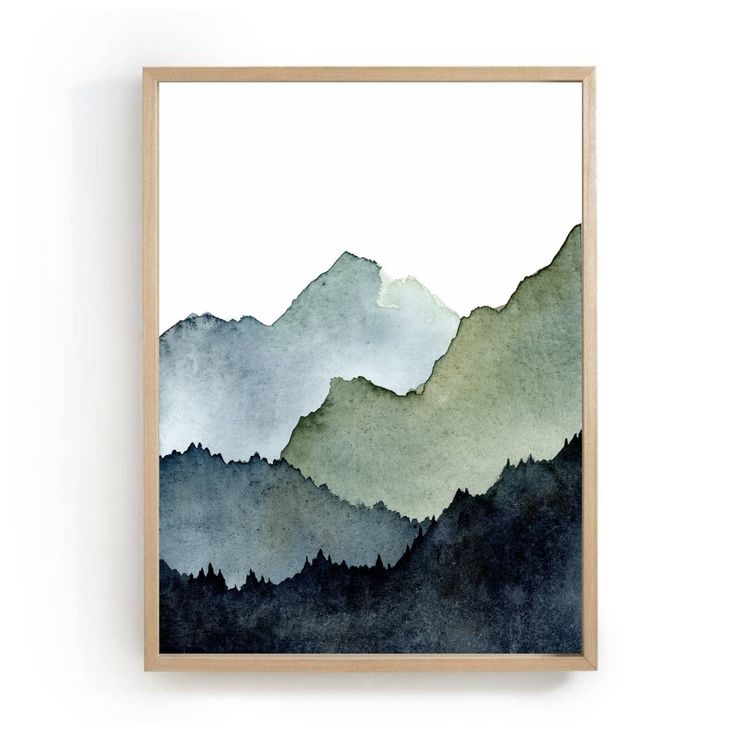 a watercolor painting with mountains and trees in the background, on a white wall