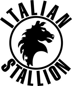 a black and white logo with the word italian stallion on it's face in a circle