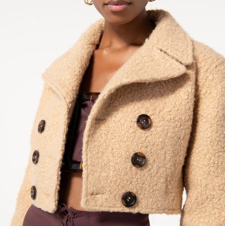 New With Tag Cropped And Sophisticated, The Camille Has A Fitted Waist And Long Sleeves, Creating A Slightly Boxy, Yet Ultra-Flattering Silhouette. The Neutral-Hued Sherpa Jacket Is Lined And Double Breasted Featuring Faux Tortoise Buttons. Chic Wool Cropped Jacket For Fall, Chic Cropped Wool Outerwear, Chic Cropped Fall Outerwear, Elegant Cropped Beige Outerwear, Elegant Beige Cropped Outerwear, Chic Cropped Winter Outerwear, Cropped Winter Outerwear With Button Closure, Beige Cropped Blazer For Fall, Cropped Beige Fall Outerwear