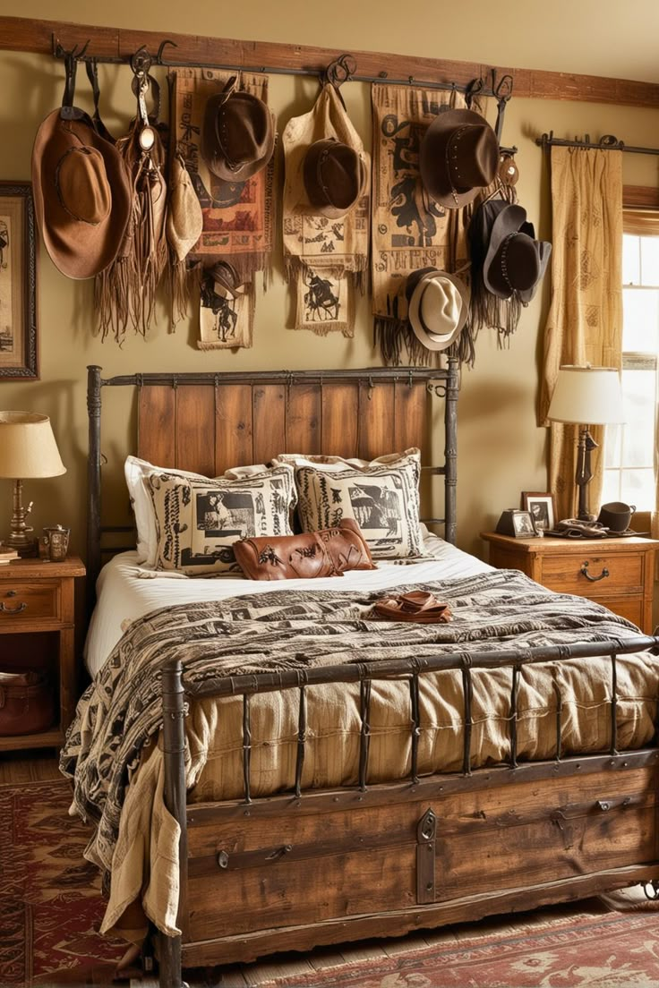 a bed room with a neatly made bed and lots of hats on the headboard