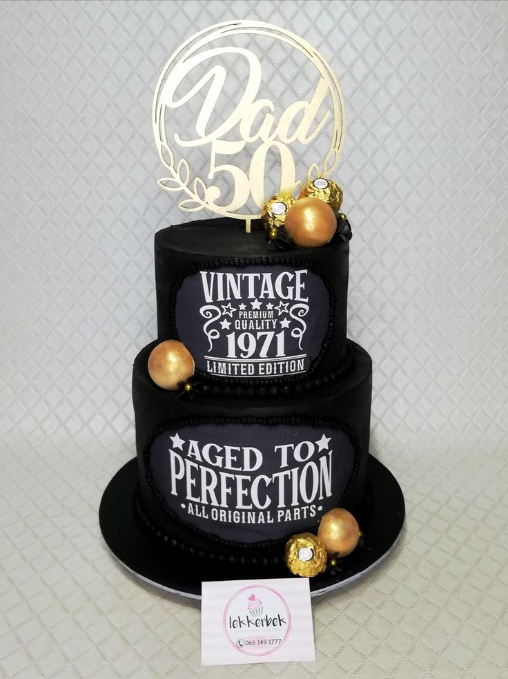 a three tiered cake with gold decorations on the top and black frosting that says aged too perfectionection all original parts