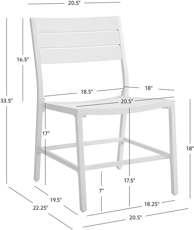 a white plastic chair with measurements for the seat and back side, shown from the front