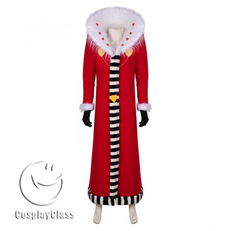 a red coat with white fur collar and black and white stripes on the bottom, and a