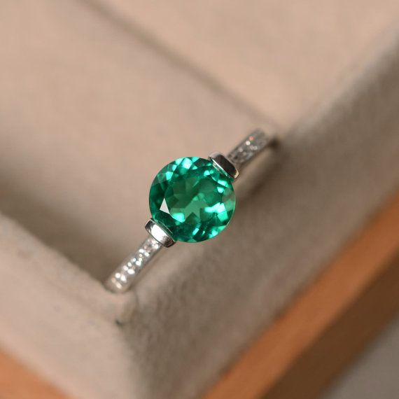 Emerald engagement ring brilliant cut May birthstone by LuoJewelry Green Topaz Ring In Sterling Silver, Green Topaz Sterling Silver Ring In Fine Jewelry Style, Green Topaz Sterling Silver Ring, Emerald Solitaire Ring For Promise, Green Sterling Silver Topaz Ring, Classic Solitaire Diamond Ring For May Birthstone, Classic Brilliant Cut May Birthstone Ring, Classic Emerald Ring For Promise, Emerald Ring With Brilliant Cut For Promise