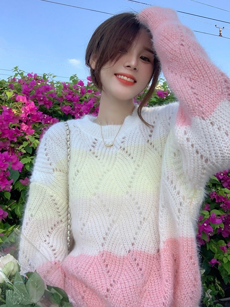 Kawaii Aesthetic Soft Girl Korean Pastel Gradient Light Knit Sweater Measurements One Size Bust: 110cm/43.3" Length: 60cm/23.6" *This product fits true to size. *Standard shipping time to the US is 9-19 business days. Please consult our shipping page for shipping time estimates for other countries. *Please check the measurements/size chart very carefully when ordering from The Kawaii Factory. Most of our clothes come in Asian sizes, which are generally 1-2 sizes smaller than US/EU sizes. Buyers shall bear the full cost of return shipping charges unless the product is significantly different from what is described on the product page. *Lingerie and pajamas cannot be returned or exchanged. Kawaii Long Sleeve Sweater For Fall, Cute Chunky Knit Sweater For Spring, Spring Kawaii Long Sleeve Sweater, Cute Knitted Acrylic Tops, Kawaii Long Sleeve Knitted Sweater, Kawaii Knitted Long Sleeve Sweater, Cute Multicolor Winter Sweater, Cute Crew Neck Knit Sweater, Pink Kawaii Sweater For Spring