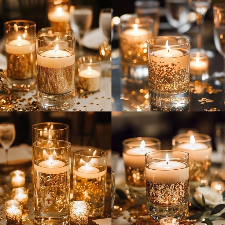 four different shots of candles with gold and white glitters on the bottom, in glass vases next to each other