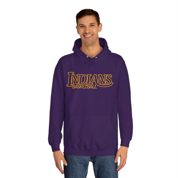 Show your Indians Basketball spirit with this Laker-esque design! Choose from multiple colors to show off your Indians mascot pride. Put new life into a classic wardrobe staple with your own art. This hoodie features a unisex design with side seams that help the garment retain its shape on the long run. With a spacious kangaroo pocket for enhanced daily practicality, a comfy true-to-size fit, and multiple colors to choose from - these hoodies provide a cozy wearing experience packed with style. Throwback Cotton Hoodie With Drawstring Hood, Cotton Hoodie For Fan Gear, Cotton Fan Apparel Hoodie, Cotton Hoodie With Adjustable Hood For Fans, Team-colored Cotton Hooded Hoodie, Cotton Team Hoodie, Cotton Hoodie With Team Name, Fan Apparel Cotton Hoodie With Drawstring, Throwback Cotton Hoodie For Game Day