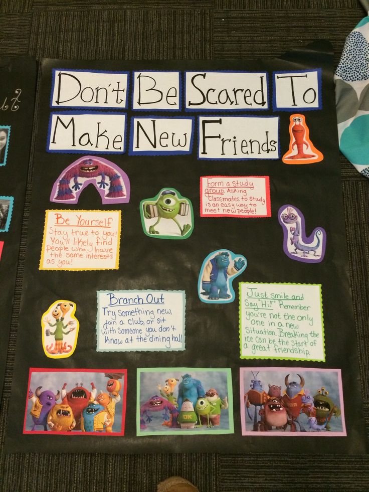 a bulletin board with pictures and words on it that say don't be scared to make new friends