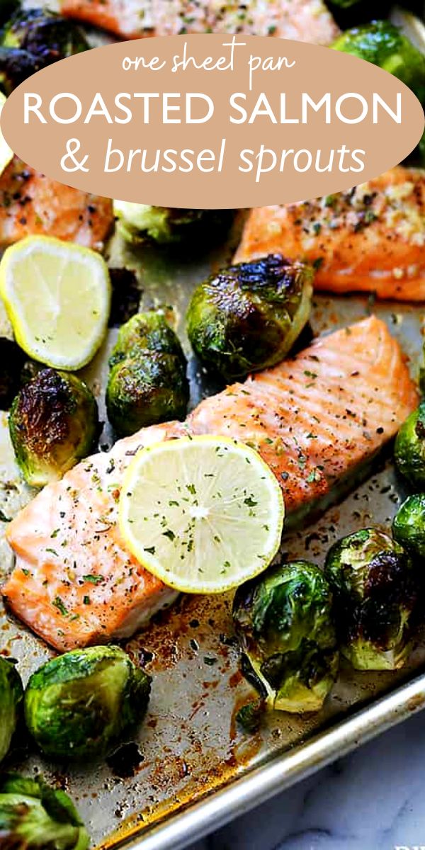 roasted salmon and brussel sprouts on a sheet pan