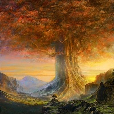 a painting of a tree in the middle of a mountain range with mountains and trees around it