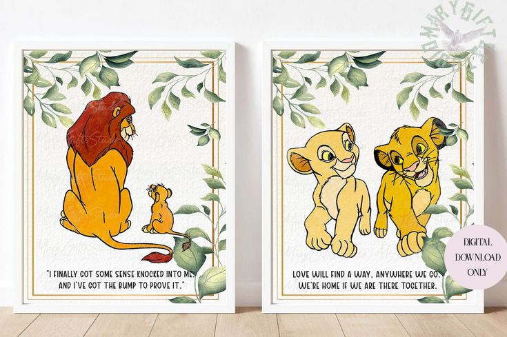 the lion king and the mouse prince art prints set of 2, disney poster wall decor