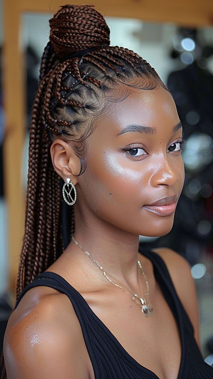 Slay Every Look: 25 Medium Knotless Braids Hairstyles Protective Style Braids Cornrows, To Style Braids, Knotless Braids Updo Styles, Knotless Braids In Ponytail, Hair Styles Braids Easy, Easy Braids Hairstyles For Black Women, Knotless Braids Straight Ends, Braids Hair Styles For Black Women, Flat Braids Hairstyles