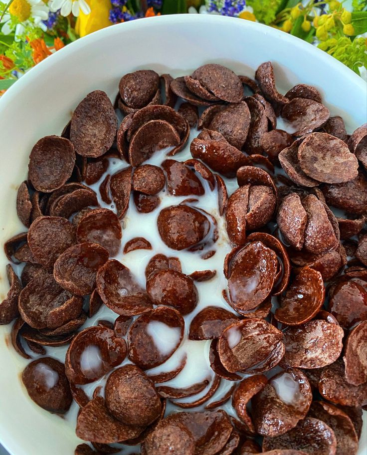 chocolate chips and milk in a bowl on a table with flowers behind it, ready to be eaten