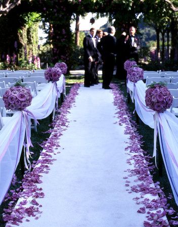 an image of a wedding aisle with purple flowers on it and people standing in the background