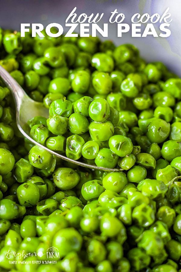 a spoon full of frozen peas with text overlay