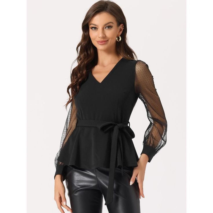 This elegant blouse with a peplum-waist design features a v-neck, see-through puff sleeve shirts, a ruffle hem, and a concealed zipper on the side. Elegant style, suitable for work, business, dating, holidays, vacations, and daily wear. This top can match skirts, PU pants, jeans, skinny pants, or work pants, to build your stylish look. Women's Tie, Elegant Blouses, Mesh Long Sleeve, Womens Tie, Puff Sleeve Top, Dressy Casual, Pants Jeans, Sheer Blouse, Work Pants