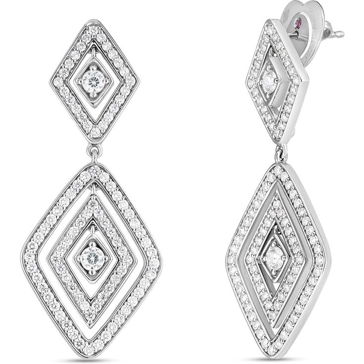 Roberto Coin - Diamante 18K White Gold and Diamond Dangle Earrings Luxury Octagon Earrings With Diamond Accents, Luxury Diamond Accented Fusion Earrings, Luxury Pave Set Diamond Dangle Earrings, Luxury Diamond Dangle Earrings With Pave Setting, Diamond White Bridal Earrings With Pave Setting For Evening, Luxury Platinum Dangle Diamond Earrings, Elegant Pave Setting Diamond Earrings For Formal Occasions, Formal Diamond White Chandelier Earrings With Brilliant Cut, Elegant Formal Diamond Earrings With Pave Setting