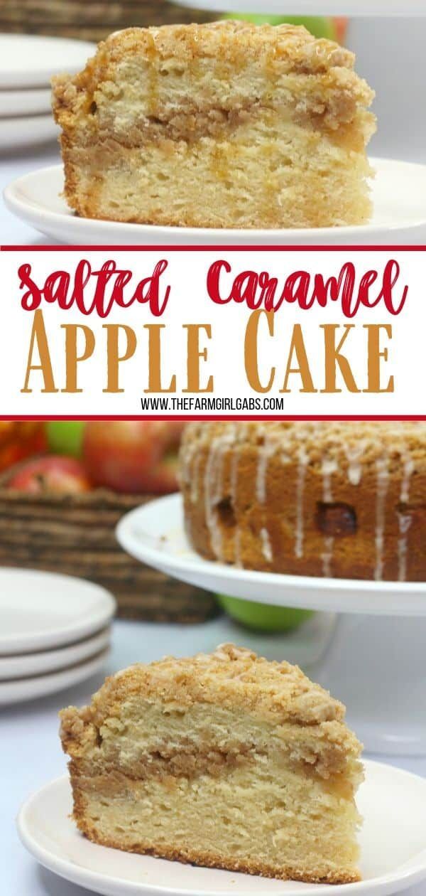 two slices of cake on plates with apples in the background and text overlay that reads salted caramel apple cake