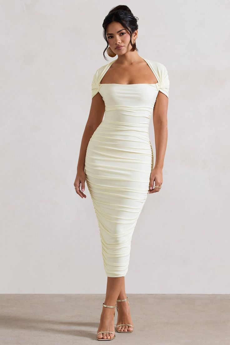 Paxos | Ecru Ruched Short-Sleeve Midi Dress Ruched Midi Dress For Date Night, Midi Dress With Ruched Bodice In Elastane, Chic Midi Dress With Ruched Back, Elastane Midi Dress With Ruched Bodice, Elastane Midi Dress With Ruched Sides, Stretch Elastane Midi Dress With Ruched Back, Bodycon Midi Dress With Ruched Back, Stretch Draped Midi Dress With Ruched Sides, Draped Ruched Bodycon Dress In Elastane