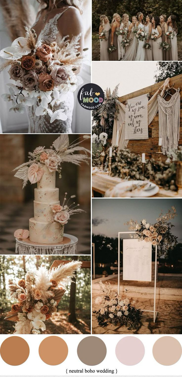 wedding color palettes with flowers and greenery in shades of brown, pink, beige