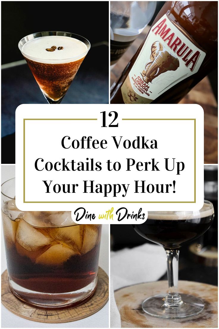 Collage of 4 coffee vodka cocktails. Coffee And Vodka, Recipes Using Coffee Liqueur, Espresso Vodka Recipes, Coffee Vodka Drinks Cocktail Recipes, Coffee Vodka Drinks, Espresso Vodka Drinks, Fancy Brunch Party, Carmel Vodka Drinks, Coffee Alcoholic Drink