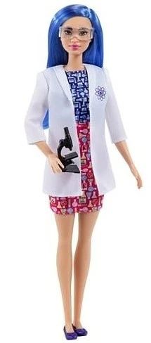 a barbie doll with blue hair wearing a white jacket and pink dress, holding a microscope in her hand