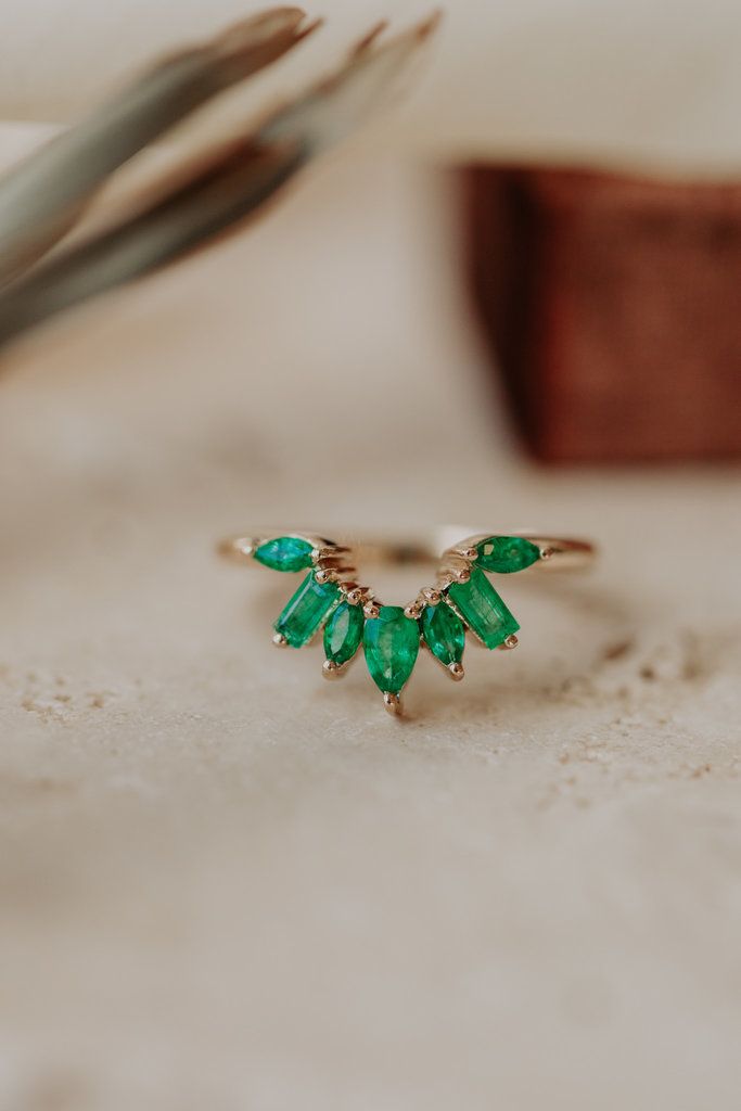 The Flora Emerald Tracer Band - Sarah O. Heirloom Marquise Emerald Jewelry, 14k Gold Marquise Cut Emerald Ring, Heirloom Emerald Jewelry In Marquise Cut, 14k Gold Marquise Emerald Ring With Prong Setting, Heirloom Marquise Cut Emerald Jewelry, Marquise Emerald Ring In 14k Gold, Marquise Emerald Ring In 14k Gold With Prong Setting, Yellow Gold Emerald Jewelry With Marquise Cut, Marquise Cut Emerald Jewelry In Yellow Gold