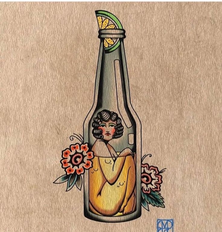 a drawing of a woman in a bottle with flowers on the bottom and an orange slice