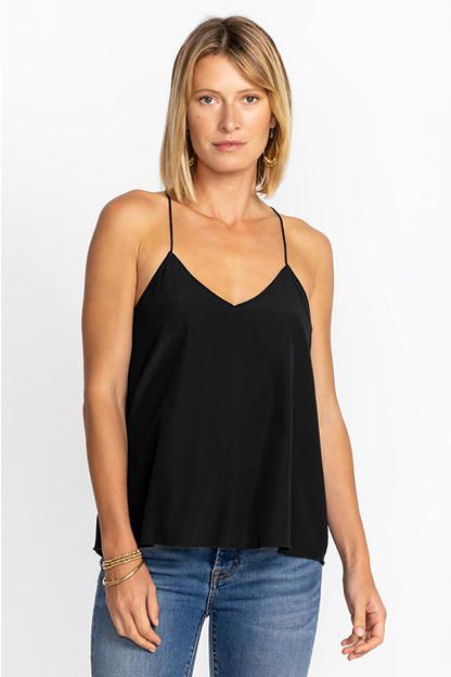 A statement in simplicity, the Etta Cami Top is the perfect addition to any wardrobe. Its luxurious silk blend allows this top to function as a stunning stand-alone piece or as a layering staple. Pair with a maxi skirt and espadrille sandals or layer with a denim jacket and palazzo pants for an easy casual vibe. Johnny Was Women's Etta Cami Top in Black, Size XS, Silk/Denim Black Silk Top For Spring, Black Silk Tops For Spring, Chic Silk Camisole Top, Chic Rayon Tops For Layering, Black Silk Camisole Top, Chic Rayon Cami Top, Viscose Tops For A Spring Night Out, Sleek Cami Tops For Spring, Sleek Spring Camisole Top