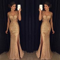 09 medium Golden Prom Dress, Side Split Prom Dress, Prom Dress For Teens, Split Prom Dresses, Tan Women, Graduation Party Dresses, Gold Prom Dresses, Winter Formal Dresses, Prom Dresses Long Mermaid