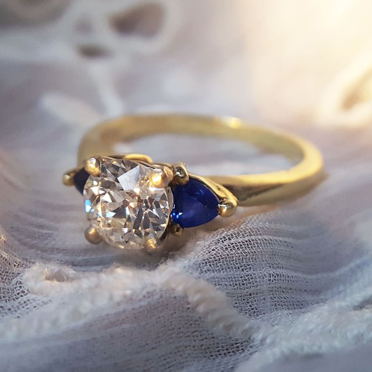 Marvelous Estate Vintage 1940s Sapphire & Diamond Engagement - Etsy Classic Formal Sapphire Ring With Trillion Cut, Classic Sapphire Ring With Rose Cut Diamonds For Promise, Art Deco Yellow Gold Diamond Ring With Brilliant Cut, Yellow Gold Art Deco Diamond Ring With Brilliant Cut, Classic Yellow Gold Trillion Cut Rings, Classic 14k Gold Trillion Cut Diamond Ring, Classic Trillion Cut Brilliant Sapphire Ring, Classic Sapphire Ring With Trillion Brilliant Cut, Art Deco Three Stone Gold Diamond Ring