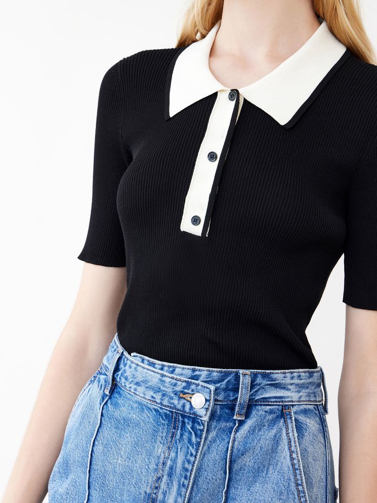 MO&Co.Women Polo Style Knit Top Features : - Slim fit - Contrast color POLO neckline - Waist-in designCode : MBB2SWTT10Length of size M is 52cmBlack : Model is 177cm tall and wearing a size M MATERIALS & CARE : Material : 67.6% Cotton 32.4% PolyamideUse a washing machine at the mild process of 30â„?br> Do not bleach, lay flat to dry in the shade Do not tumble dry, iron at low temperature Wash separately in a mesh bag, do not soak Wash with neutral detergentTips : 1. Ironing the pad cloth in the Fitted Black Top With Ribbed Collar, Black Fitted Top With Ribbed Collar, Karl Lagerfeld Sweater, Parisian Chic Style, Ribbed Shorts, Paris Woman, Karl Lagerfeld Paris, Polo Style, Polo Sweater