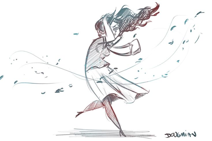 a drawing of a woman dancing with her hair blowing in the wind and birds flying around