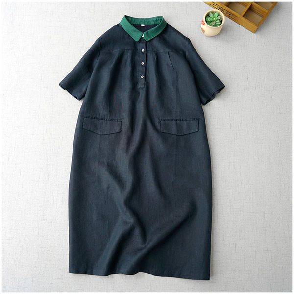 Women's Elegant Linen Dress Contrast Crew Neck with Front Button Loose A Line Midi Dress Collared Summer Dress With Buttons, Casual Summer Dresses With Collar, Casual Black Dress With Placket, Black Midi Dress With Buttons And Short Sleeves, Black Collared Dress With Placket, Casual Collared Workwear Dress, Casual Short Sleeve Midi Dress With Placket, Casual Linen Workwear Dress With Buttons, Casual Linen Dress With Buttons For Work