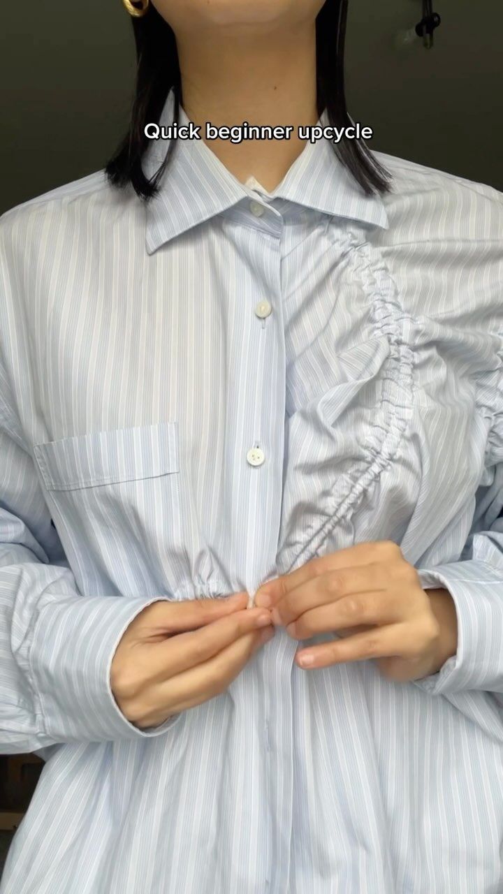 🅿️ | diy rouched dress shirt upcycle #thriftflip #sewing #diyfashion #fashiondesigner #upcycling | Instagram Mens Shirt Thrift Flip, Diy Button Down Shirt Ideas, Upcycle Dress Shirt, Upcycle Shirt Ideas, Upcycling Shirts Ideas, Upcycle Mens Dress Shirt For Women, Button Down Upcycle, Upcycled Shirts Diy Ideas, Upcycled Mens Shirt