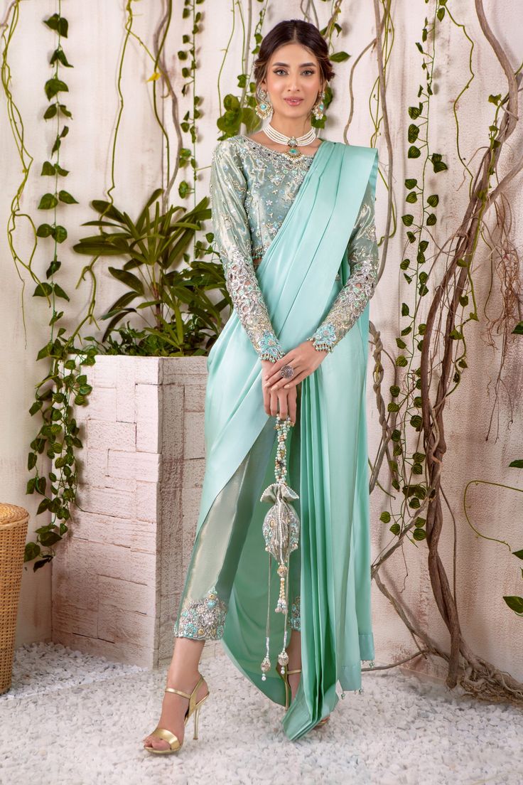 Xaviera | Pakistani Designer Outfit | Sarosh Salman Saree With Jacket, Chiffon Bolero, Pant Saree, Ridhima Bhasin, Designer Outfit, Drape Jacket, Drape Saree, Scoop Neck Blouses, Wedding Bridal Party