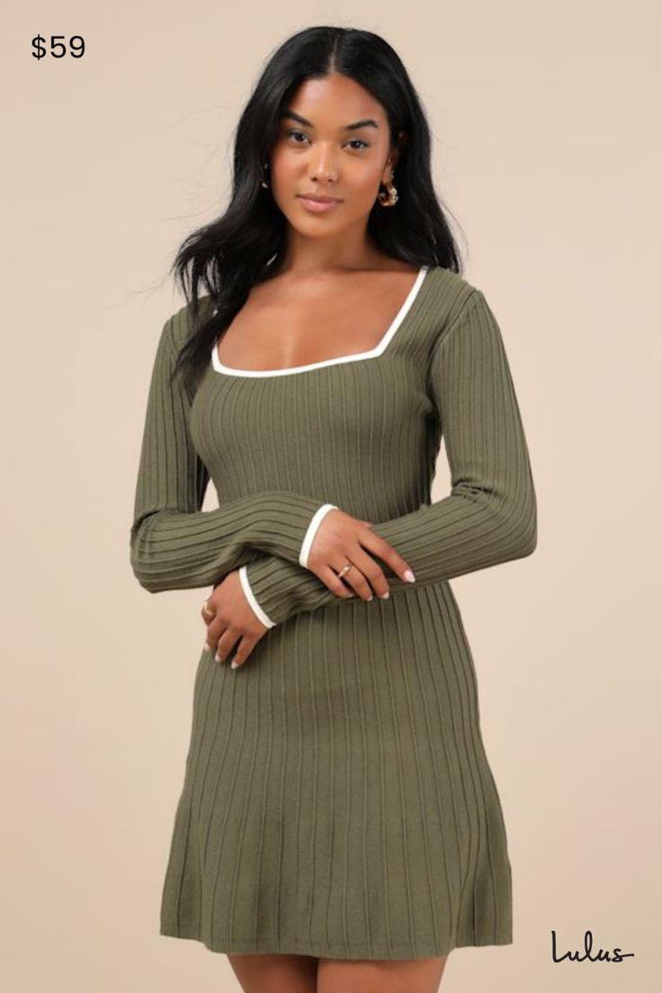 Create crush-worthy OOTDs with the a little help from the Lulus Cute Simplicity Olive Green Textured Mini Sweater Dress! Soft and stretchy sweater knit, with a raised ribbed design throughout, shapes this easy-wearing dress with a flattering square neckline, long sleeves, and a fitted bodice. The fit-and-flare silhouette finishes with an A-line mini skirt. Ivory trim accents the neckline and cuffs for a color block-like effect. Fit: This garment fits true to size. Length: Mid-thigh. Bust: Great Cute Fall Dresses, Knitted Dress Outfit, Fall Sweater Dress, Casual Formal Dresses, Mini Sweater, Long Sweater Dress, Casual Wedding Dress, Green Mini Dress, A Line Mini Skirt