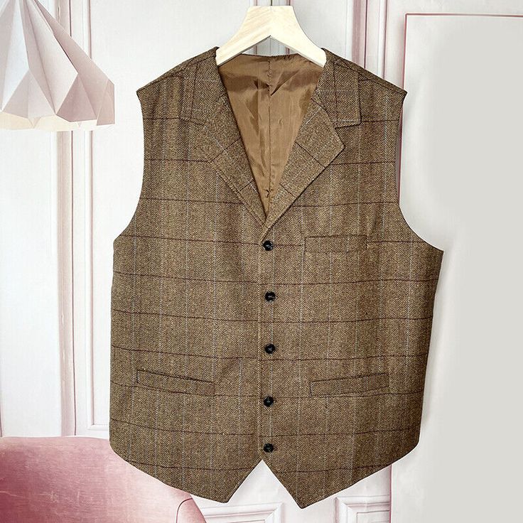 Tweed Vest With Pockets For Tailoring, Fall Tweed Vest With Pockets, Tailored Single-breasted Tweed Vest, Single Breasted Tweed Vest For Workwear, Fall Tweed Single Breasted Vest, Fall Tweed Single-breasted Vest, Elegant Brown Vest Outerwear, Classic Brown Vest For Workwear, Classic Brown Vest For Work