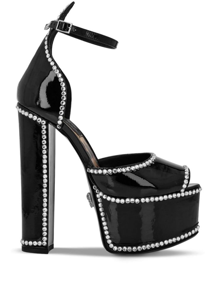 black calf leather patent finish open toe crystal embellishment buckle-fastening ankle strap high block heel platform sole branded leather insole Platform Sandals Black, Cute Shoes Heels, Black Platform Heels, Platform Block Heels, Leather Platform Sandals, Demi Fine Jewelry, Philipp Plein, Pretty Shoes, Crystal Embellishment