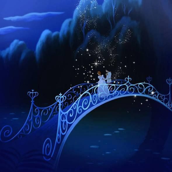 an animated image of a fairy on a bridge in the sky with stars and clouds