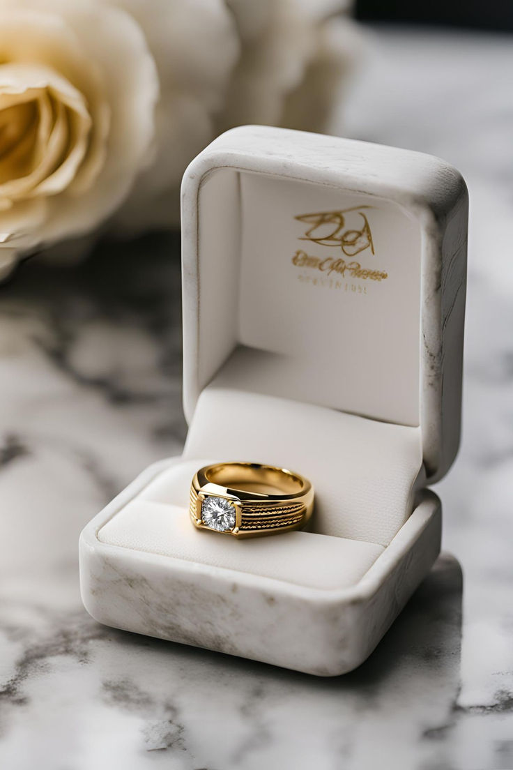 an engagement ring sits in a box on a marble table next to a white rose