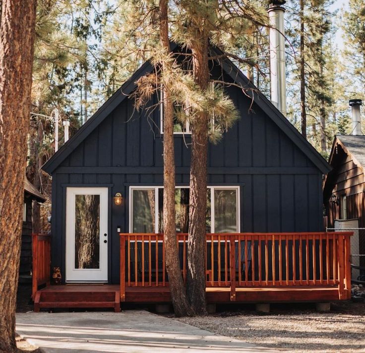 a small cabin in the woods surrounded by pine trees and tall pines, with a porch leading to the front door