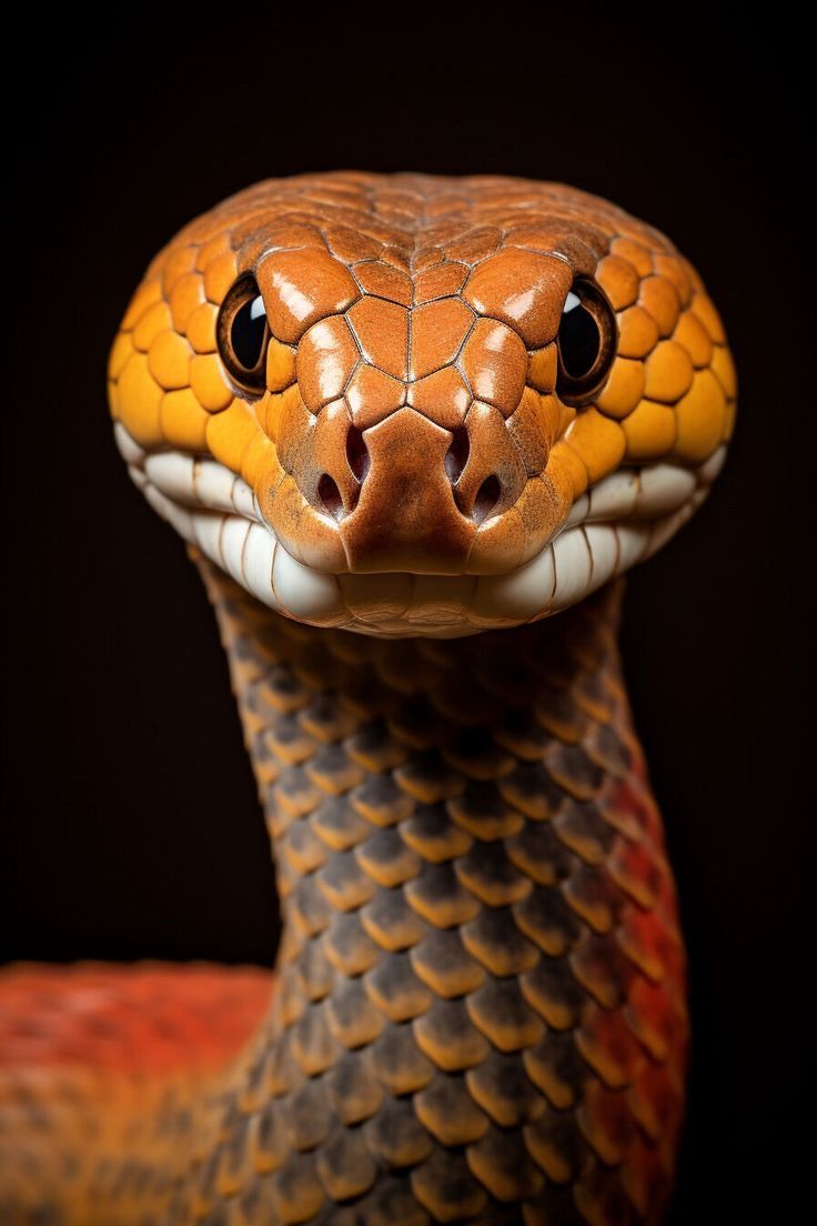 a close up of a snake's head on a black background